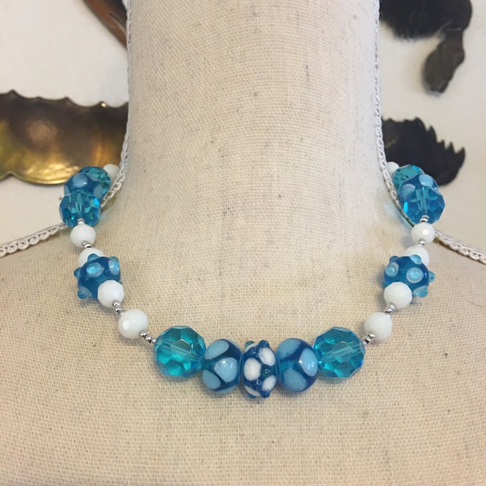 Blue and white glass bead necklace